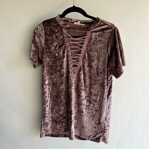 Entro Velvet Peasant Blouse Top Shirt Sz Med Dusty Plum Pink Short Sleeve V Neck